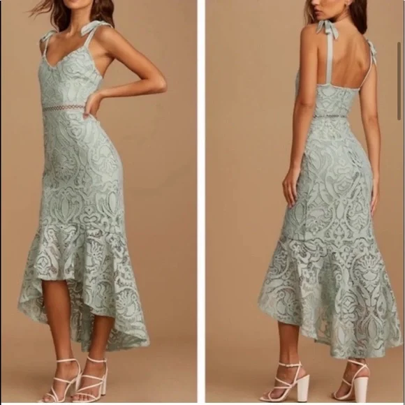❤️ Lulus Won Your Heart Sage Green Lace Tie-Strap High-Low Midi Dress - Picture 3 of 8
